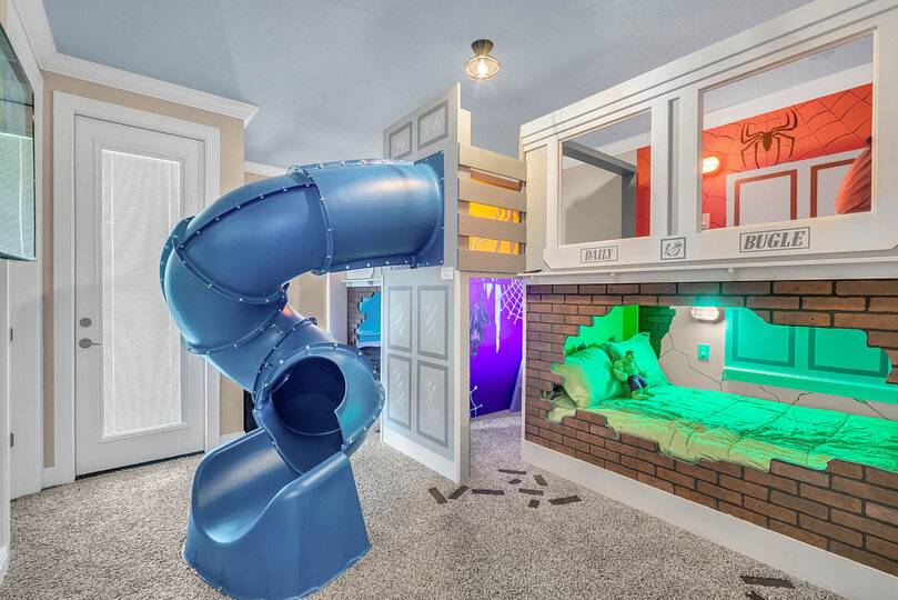 Kids will love this fun custom built room featuring a spiral slide