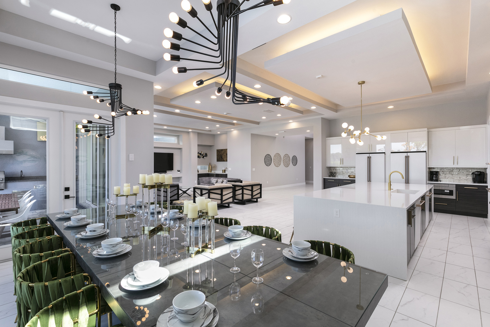 Seating for up to 12 guests under the custom-designed lighting