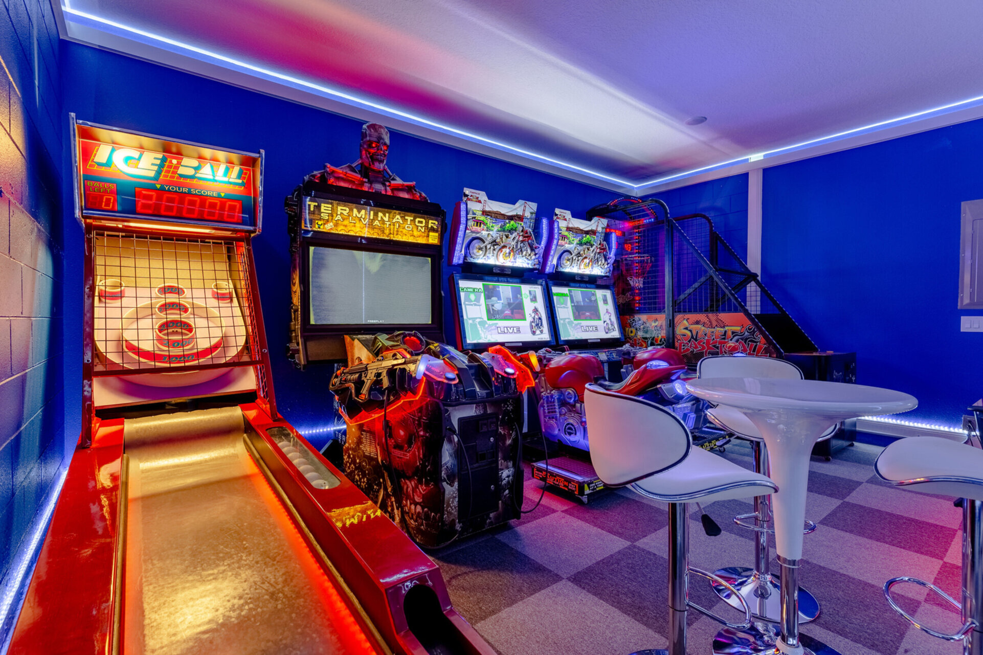 Game room includes commercial Air Hockey table, Basketball, Ice Ball, Terminator, and Dead Heat Rider arcade games