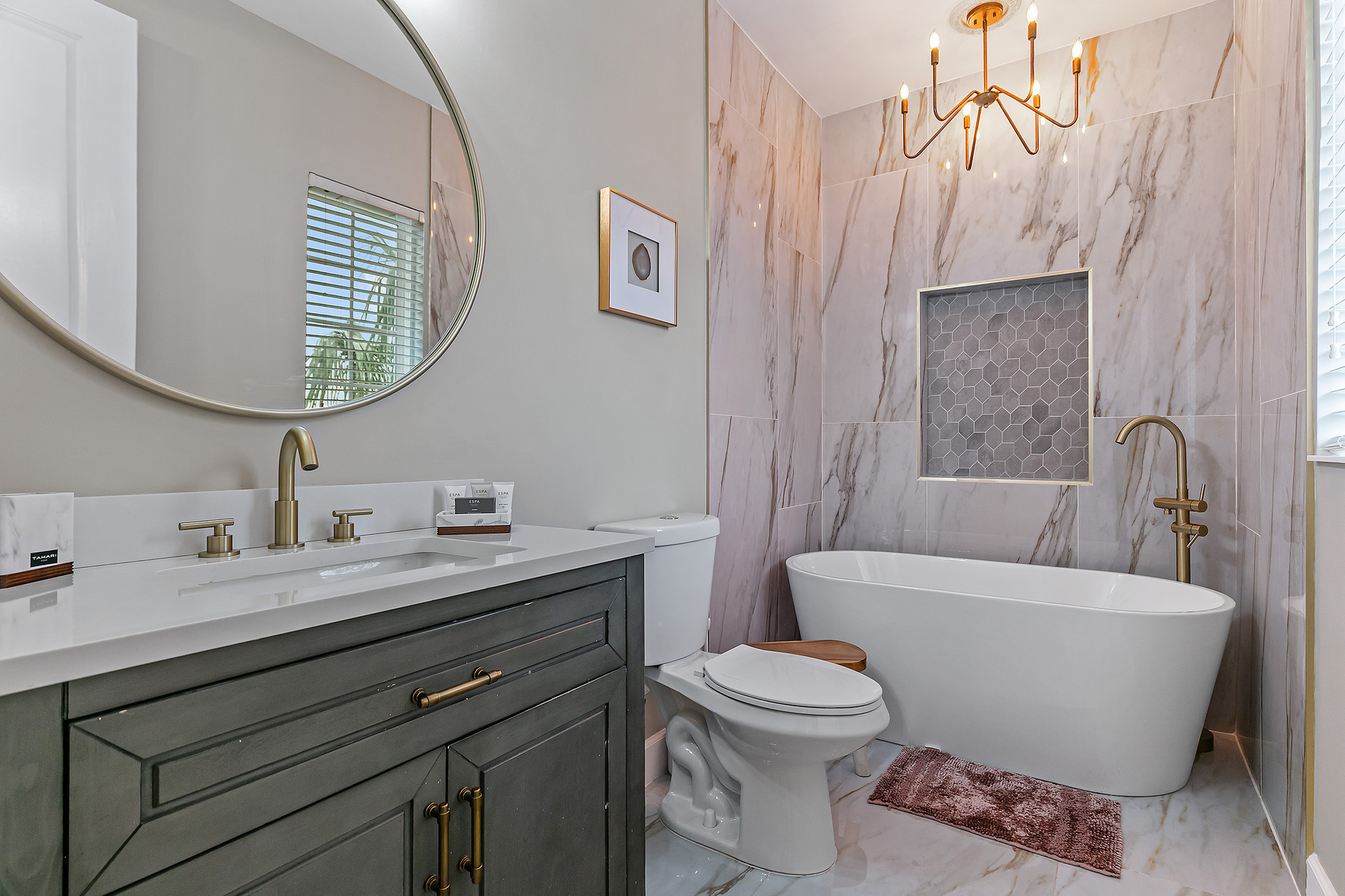 The master suite has a soaking tub.