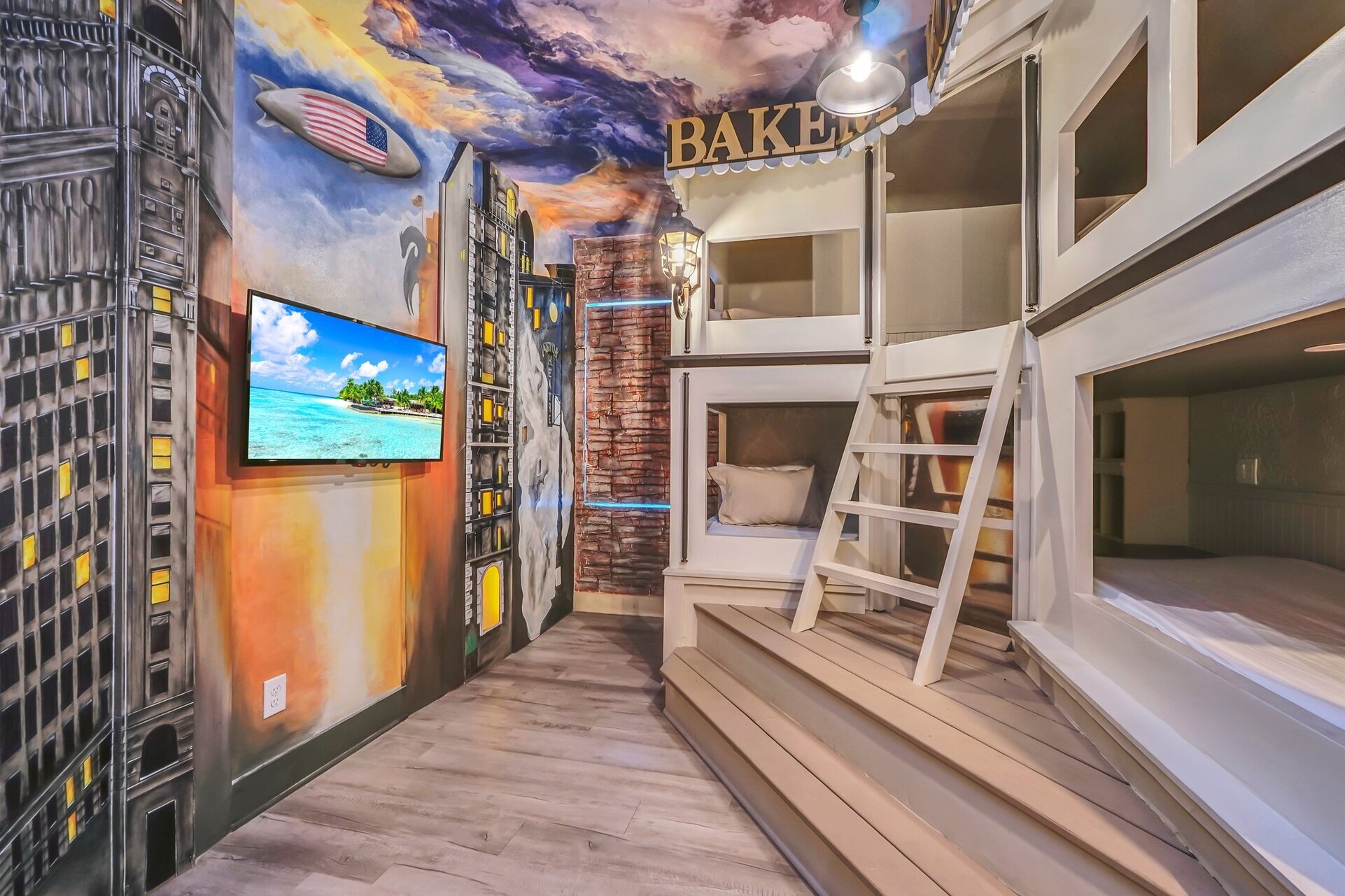 Perfectly designed for kids or guests, this room features creative bunk beds