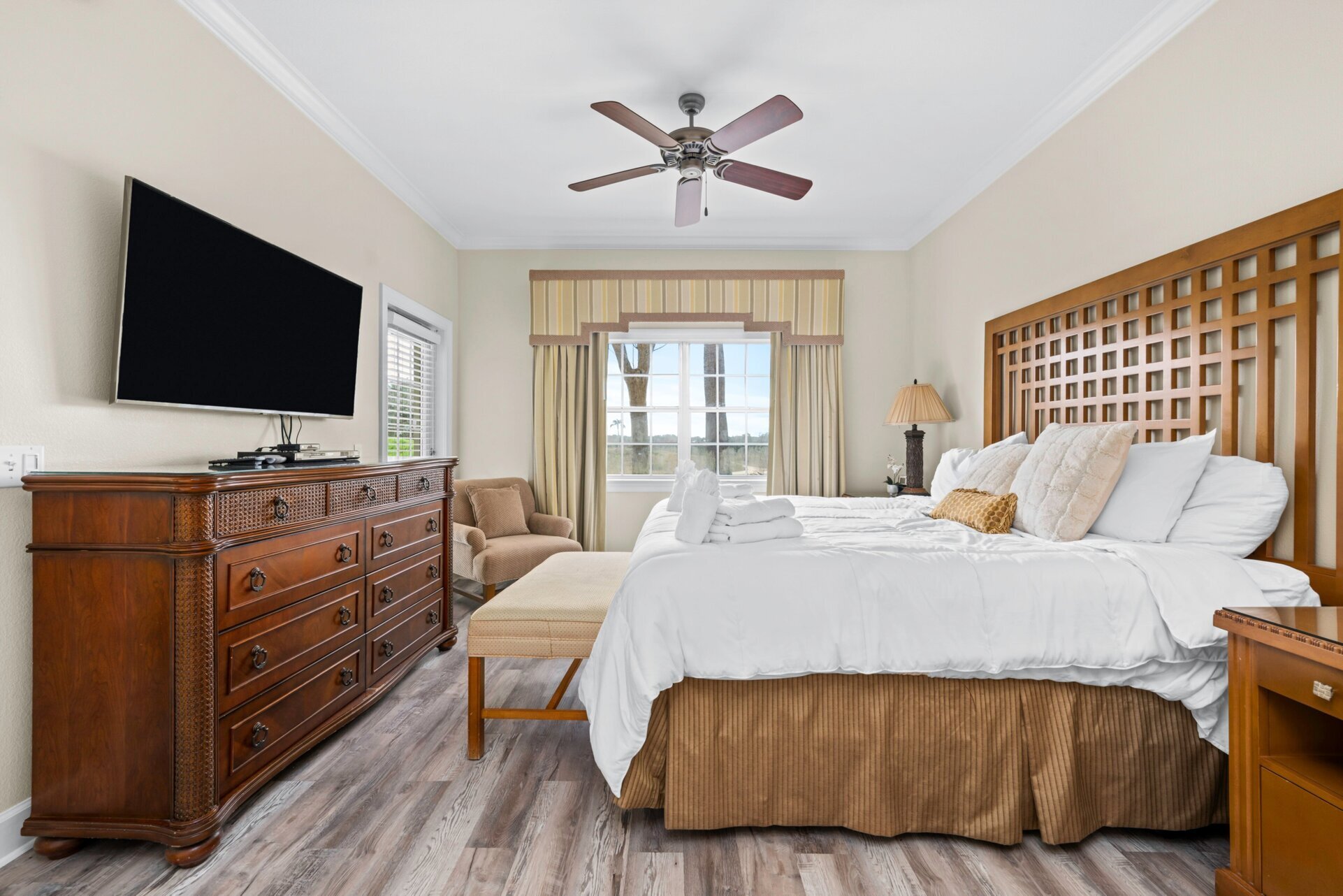 Sink into comfort with this indulgent King bed, offering a serene and inviting space for unwinding and relaxation