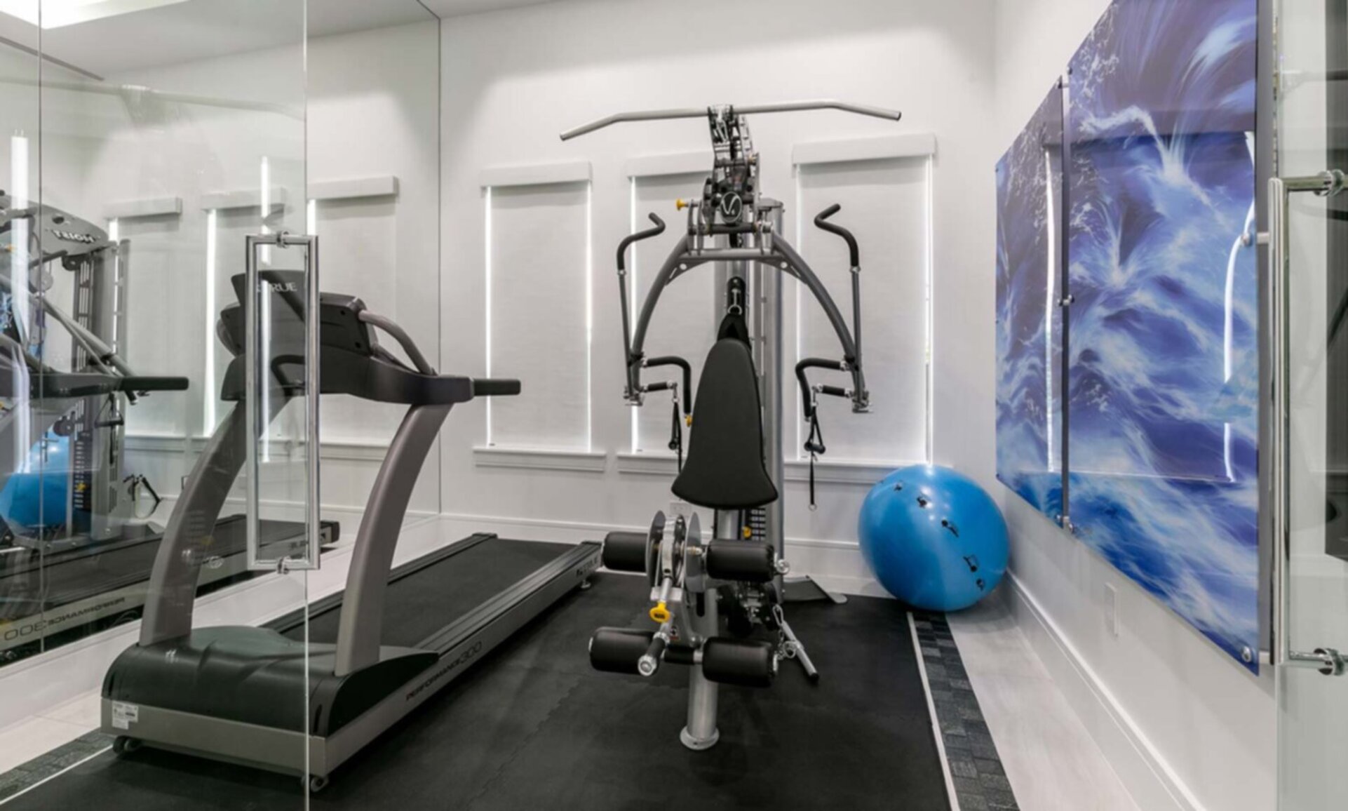Glass Enclosed Workout Room with Mirror and TV